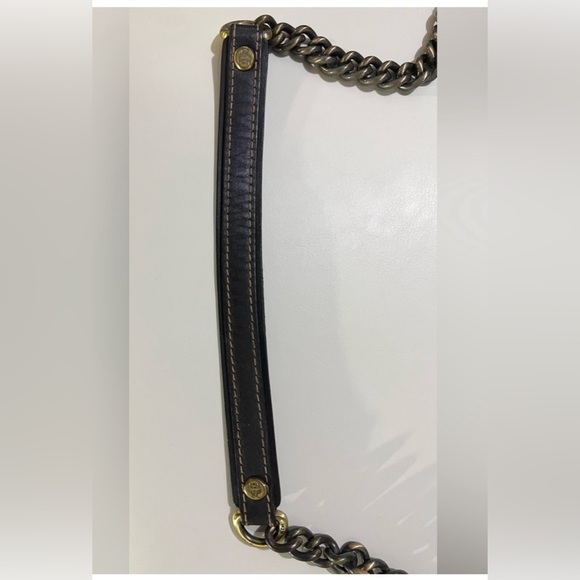 MCM Handbag Brown Black Leather Satchel Visetos Chain Strap Zip Clutch Purse - Picture 9 of 14